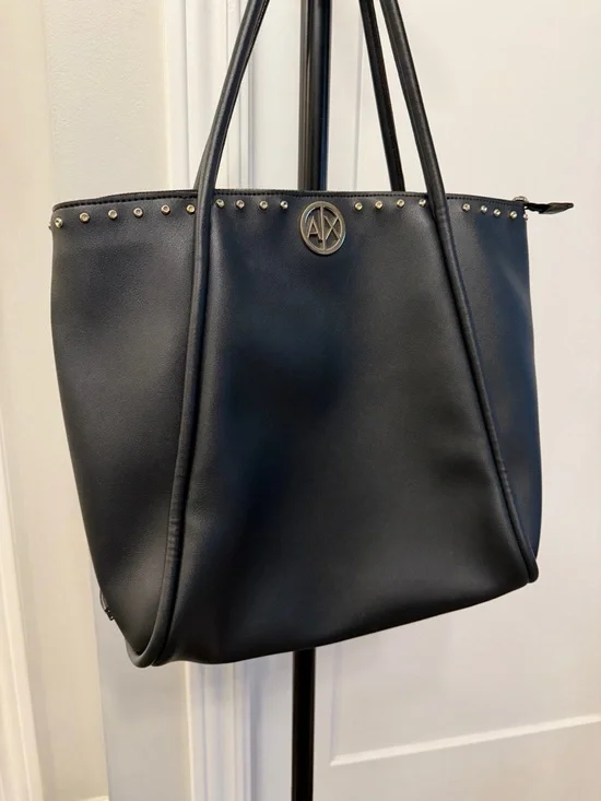 A|X Armani Exchange Black Studded Tote Bag Zip Top Large Shoulder Bag - Picture 5 of 9
